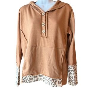 BiBi‎ Boutique Leopard Cuff Hoodie Button Up Pullover Sweatshirt Small NEW